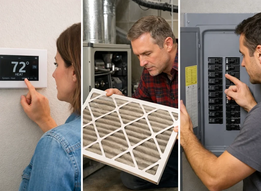 DIY visual sequence of thermostat, filter, and breaker checks before calling heat repair
