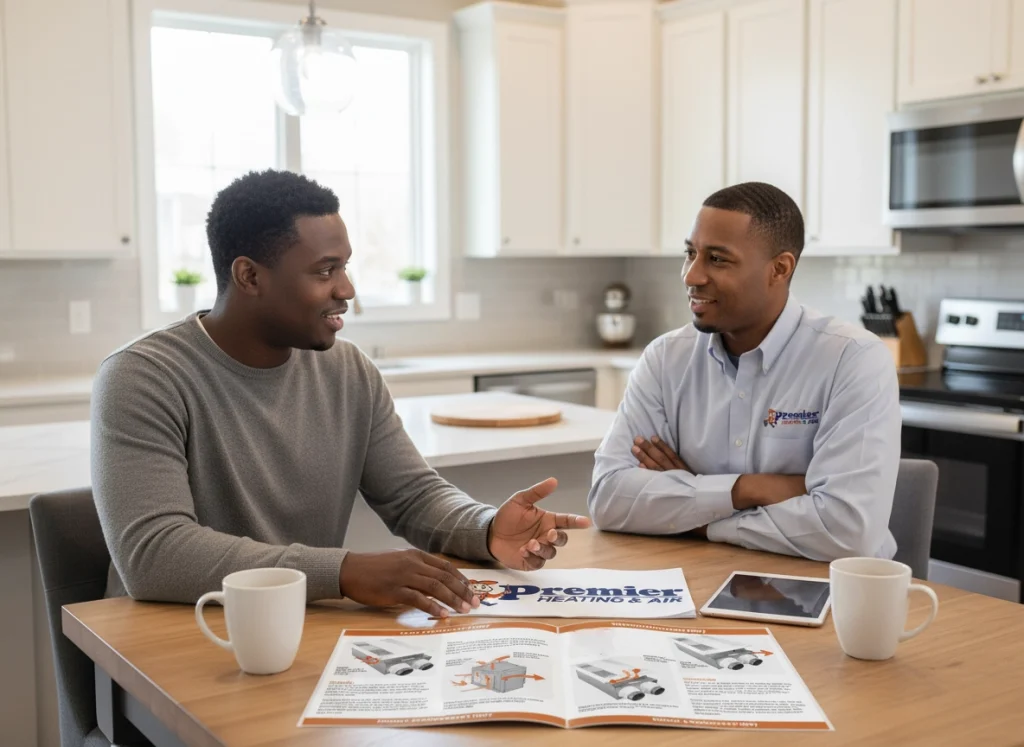A Premier HVAC technician discussing HRV units with a homeowner.