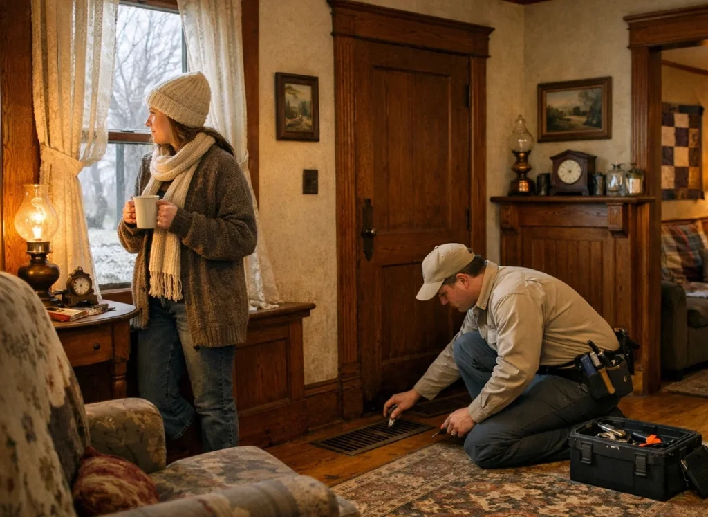 Homeowner in Forsyth farmhouse with technician checking floor vent on cold morning