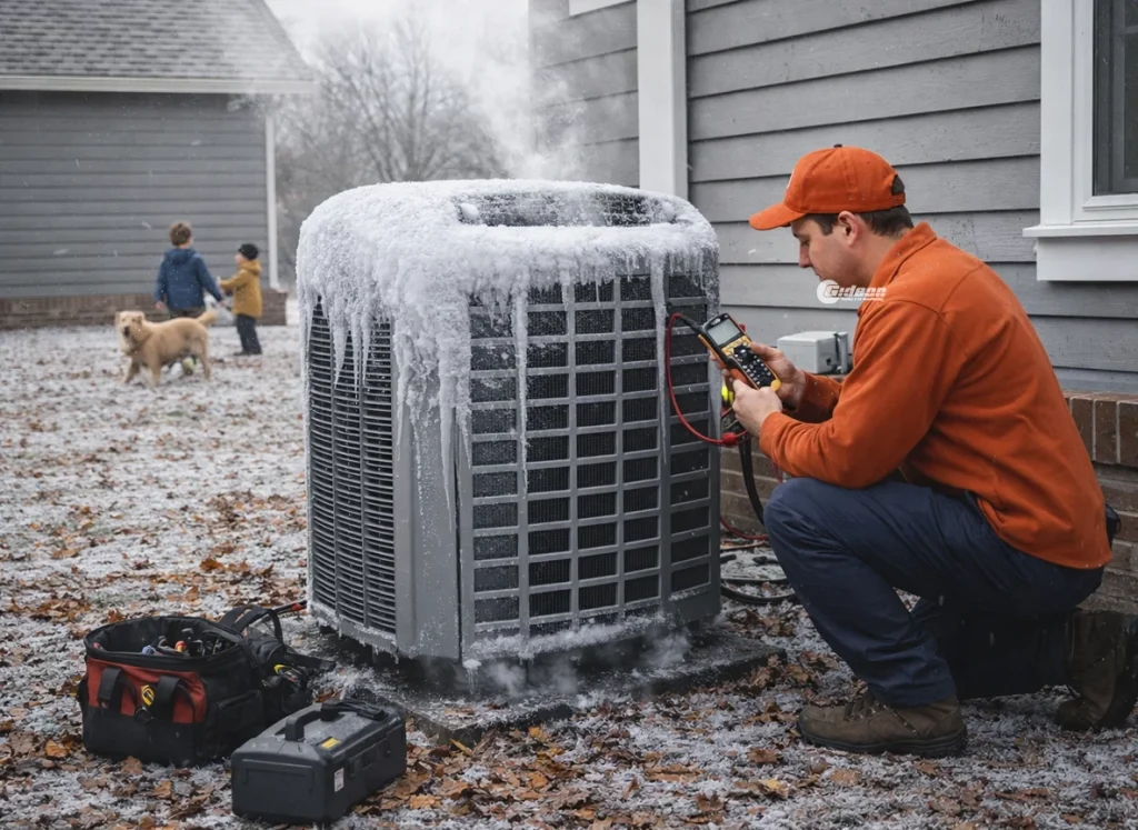 Residential heat pump outdoors in winter showing signs of short cycling, with frost on the unit