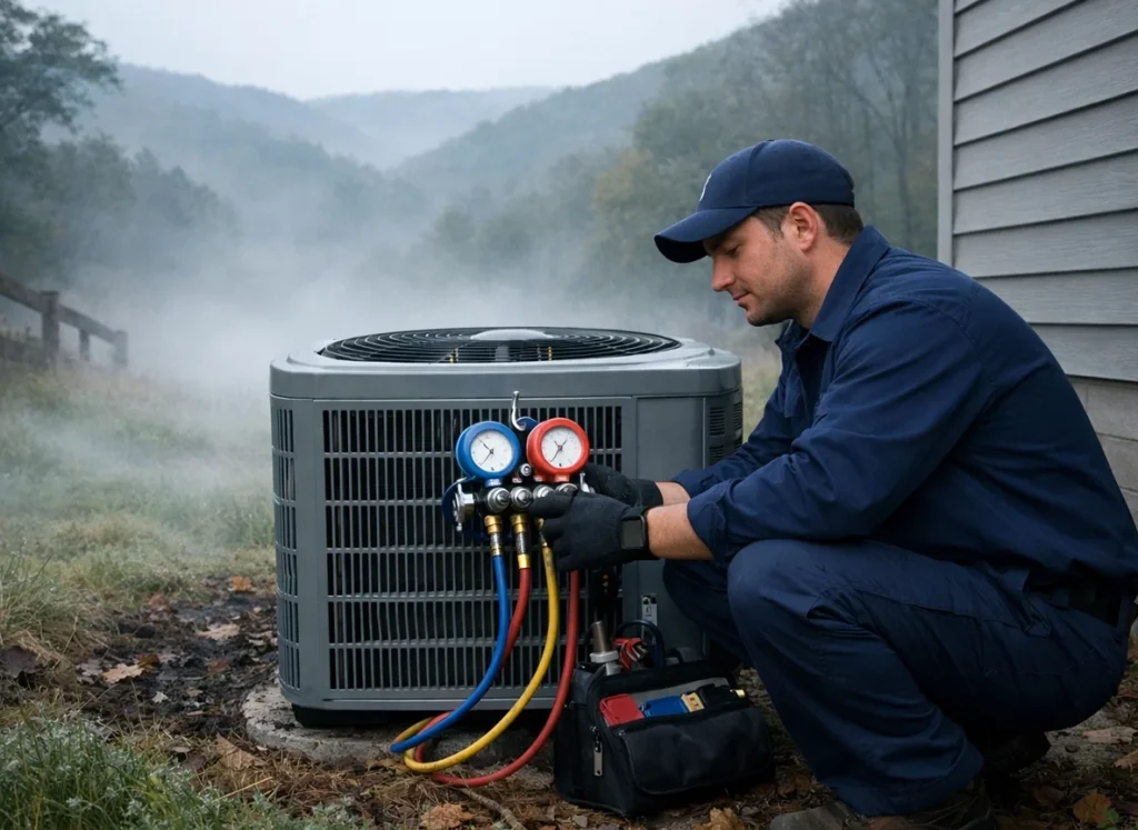 Technician checks heat pump in low-lying Maysville hollow during winter service call