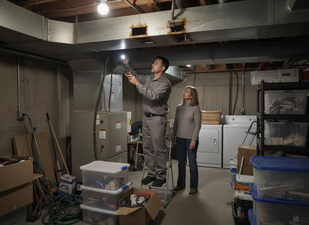 HVAC technician inspecting old rusted ductwork in basement with homeowner observing