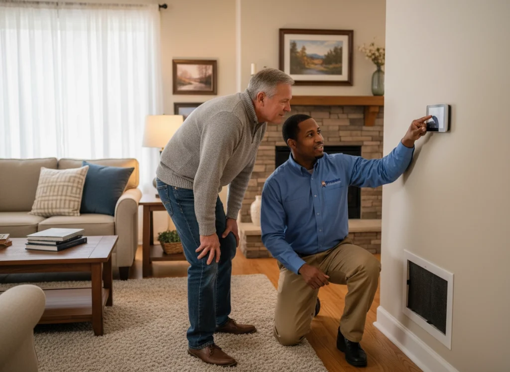 Homeowner and HVAC technician discussing lowering thermostat for winter comfort in living room