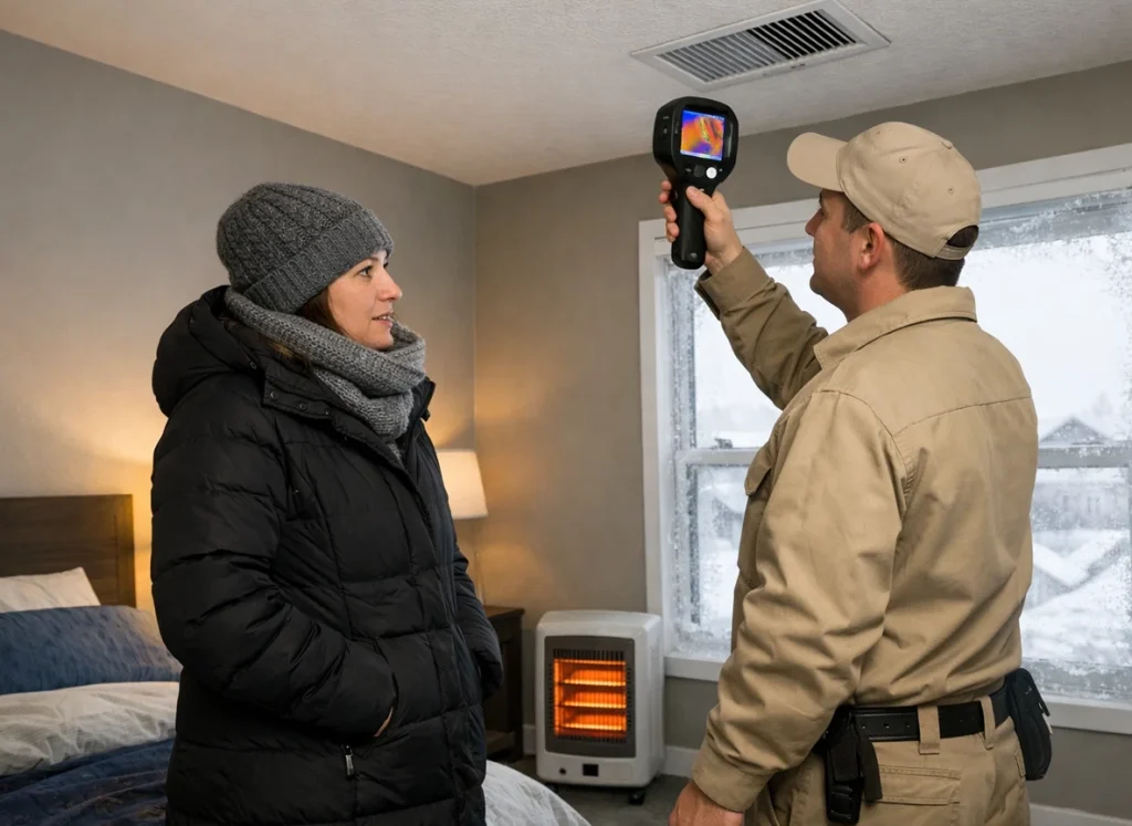 Homeowner in Nashville townhome discusses cold upstairs bedroom with HVAC technician