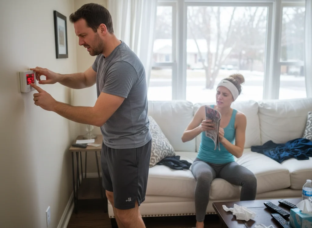 A homeowner couple is sweating from the heater over heating their house in the winter.