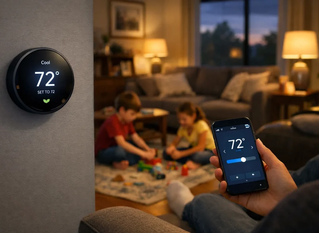 Parent controls smart thermostat from phone in cozy Warner Robins living room
