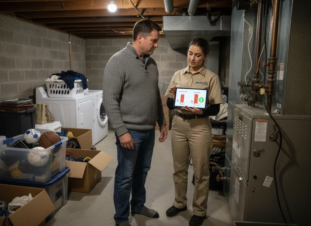 Homeowner and HVAC technician comparing furnace AFUE ratings on tablet in a basement.