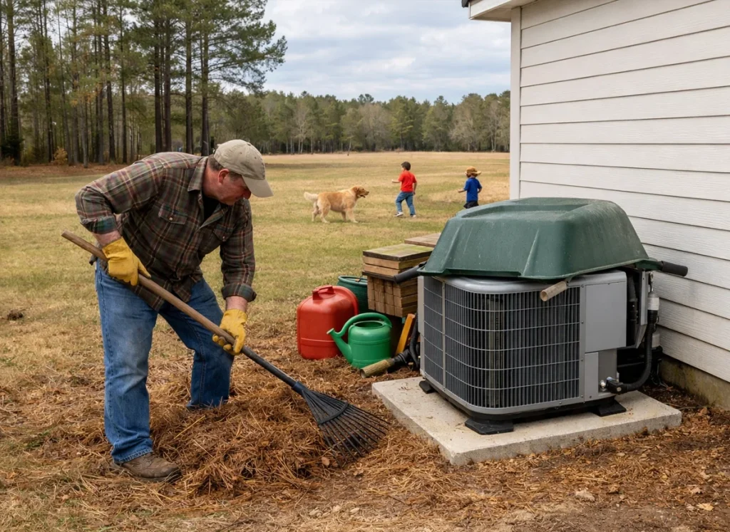 Rural Sandersville homeowner clears debris from outdoor heat pump before winter