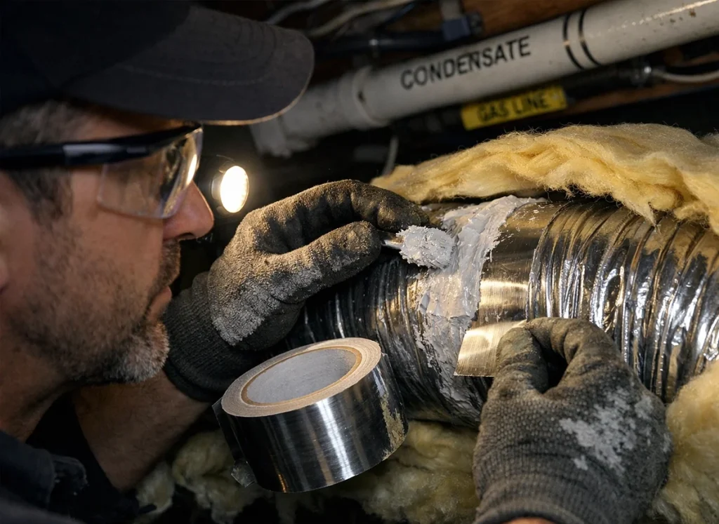 HVAC technician applying sealant and tape to fix a leaking duct joint in a basement during winter maintenance.