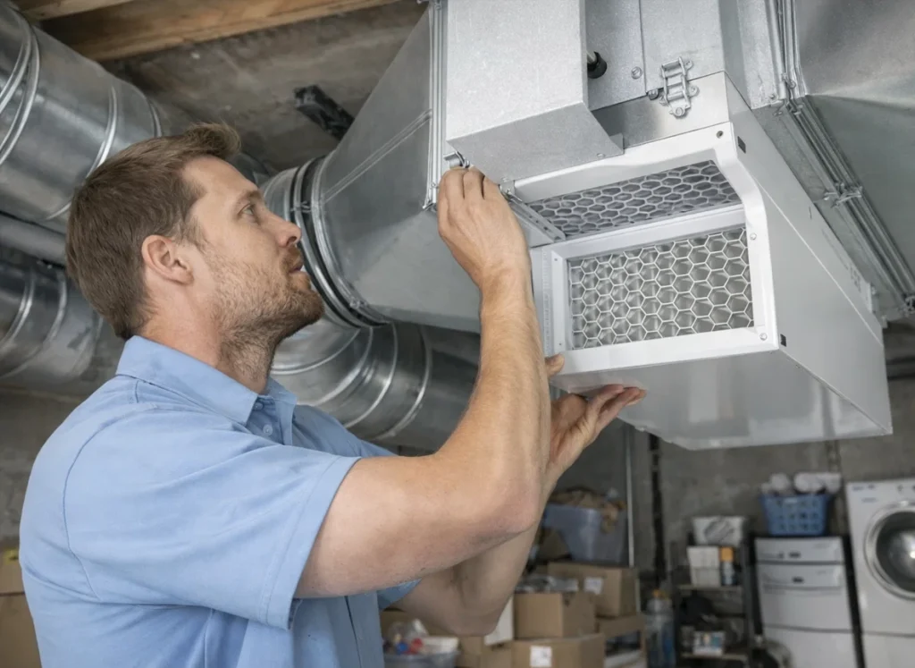 An HVAC tech installing a whole home air purifier system.