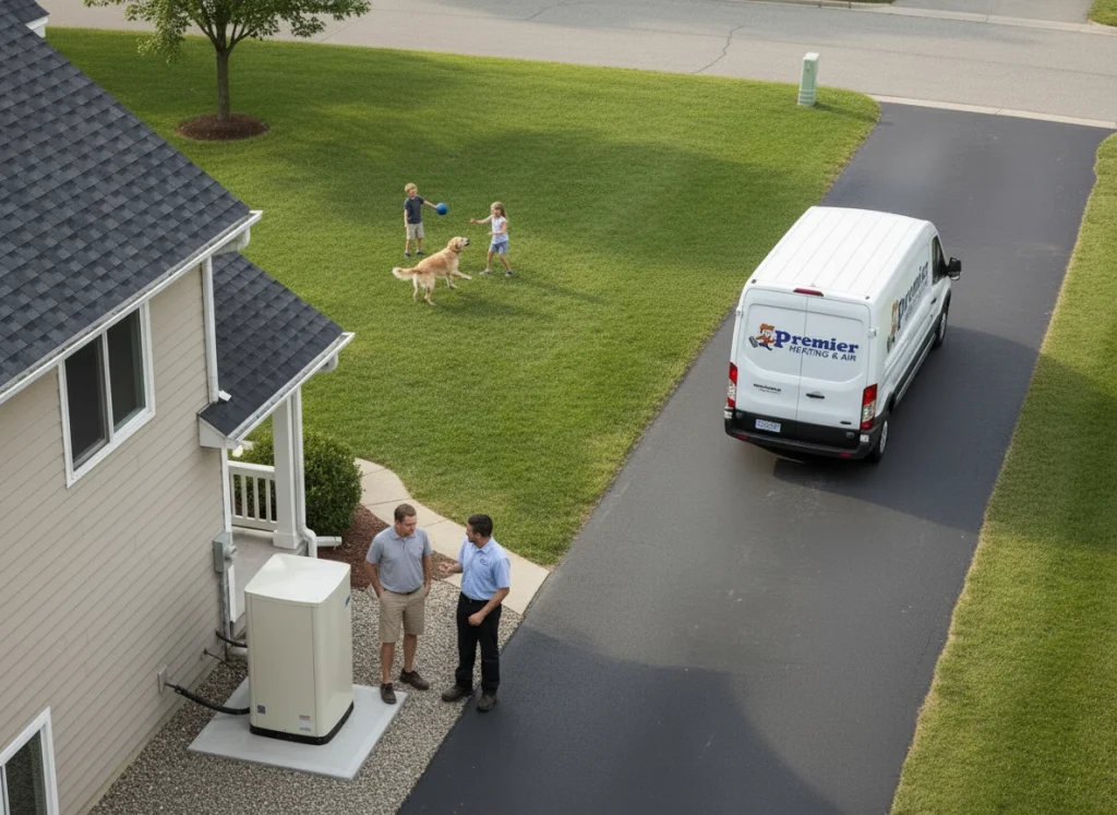 A homeowner and an HVAC technician standing on the side of the house discussing the heat pump.