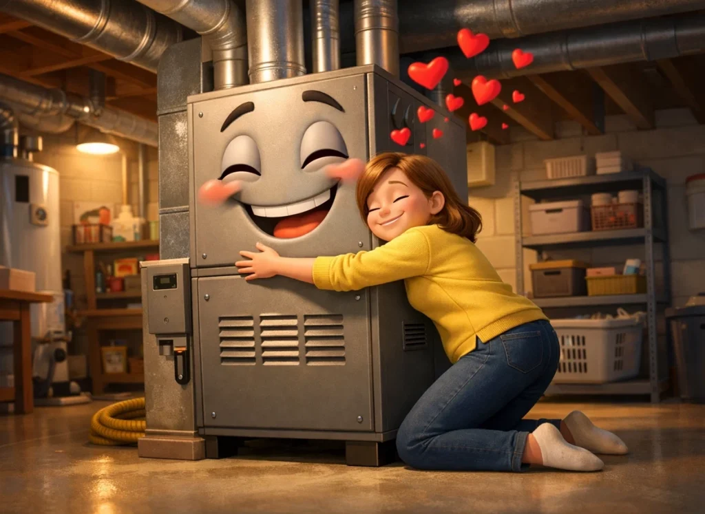 A pixar style cartoon image of a women hugging her furnace.