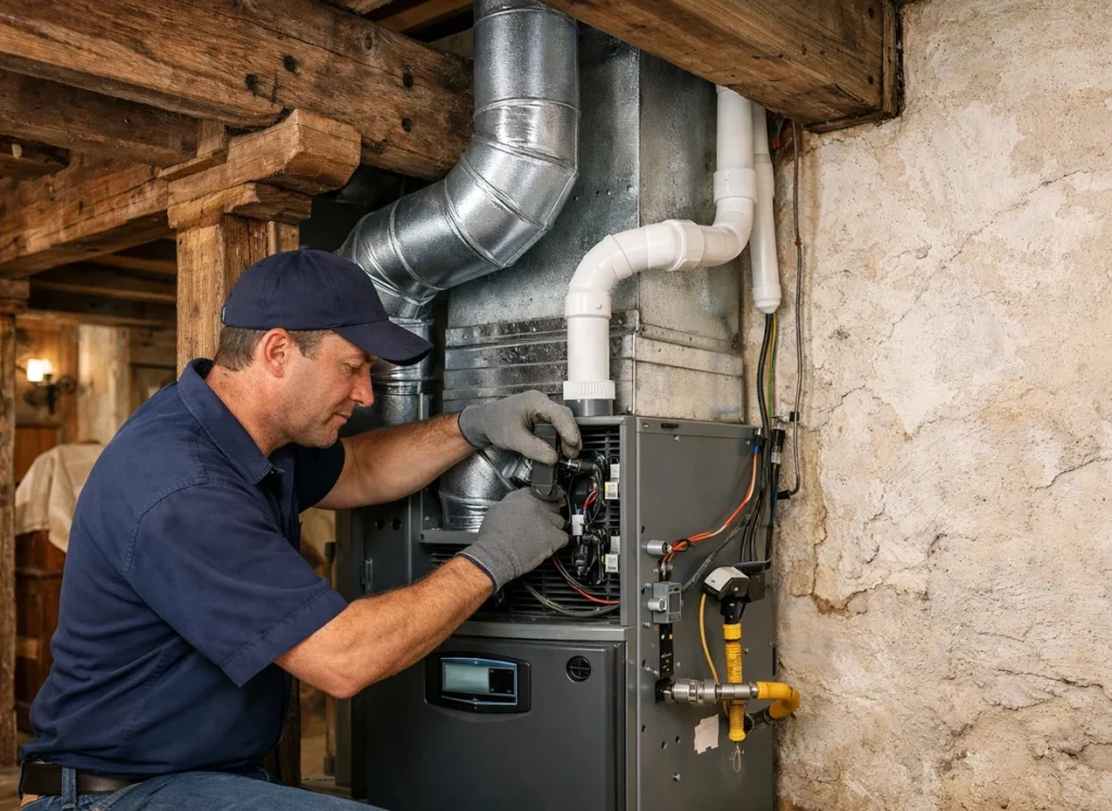 High-efficiency furnace installation in older Georgia home.