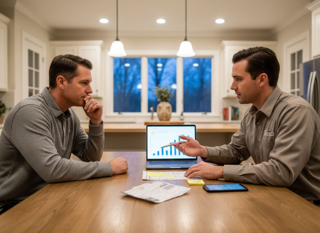 Homeowner reviewing winter power bill usage spikes with HVAC consultant in Forsyth GA
