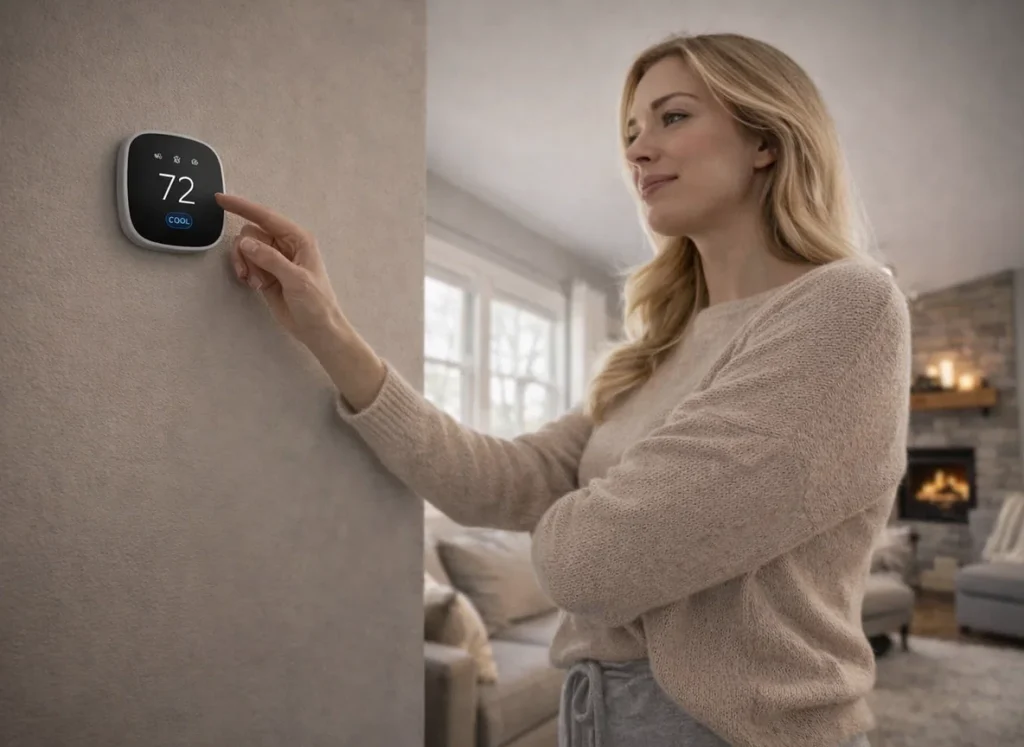 Homeowner adjusting thermostat during late-winter temperature swings