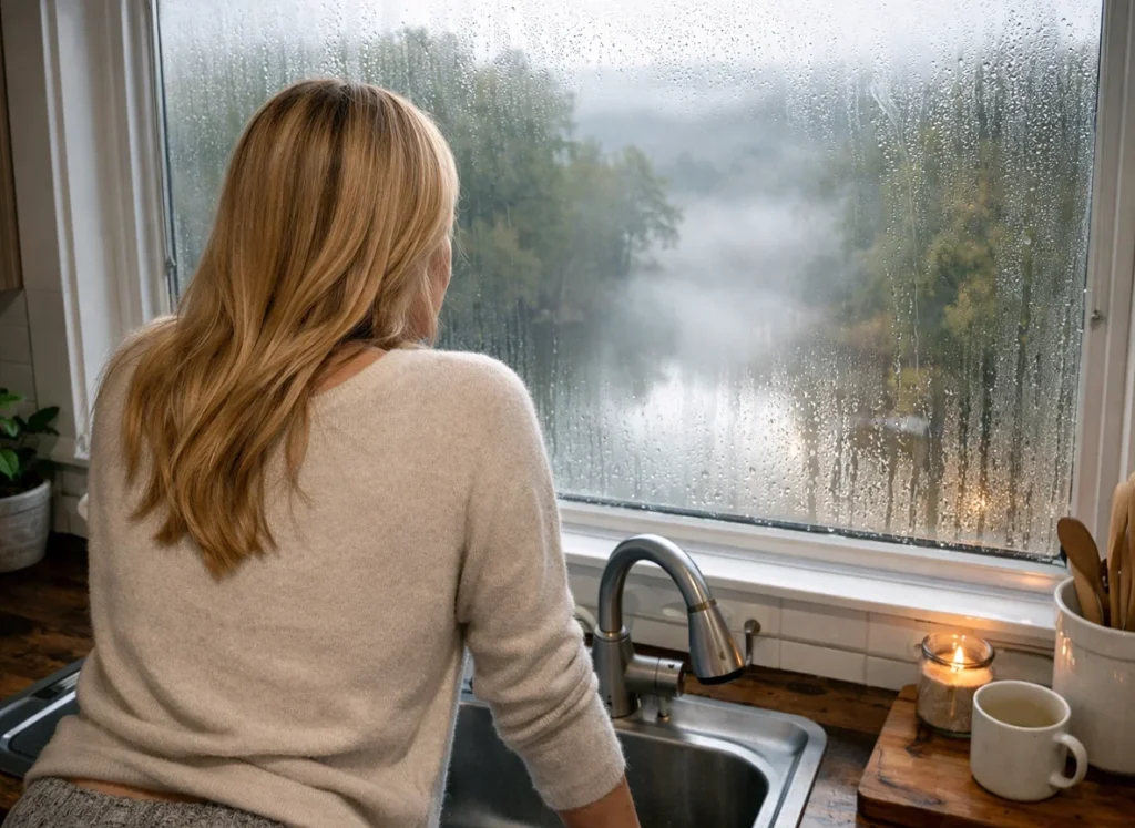 A homeowner observing the condensation on her Maysville wiindow.
