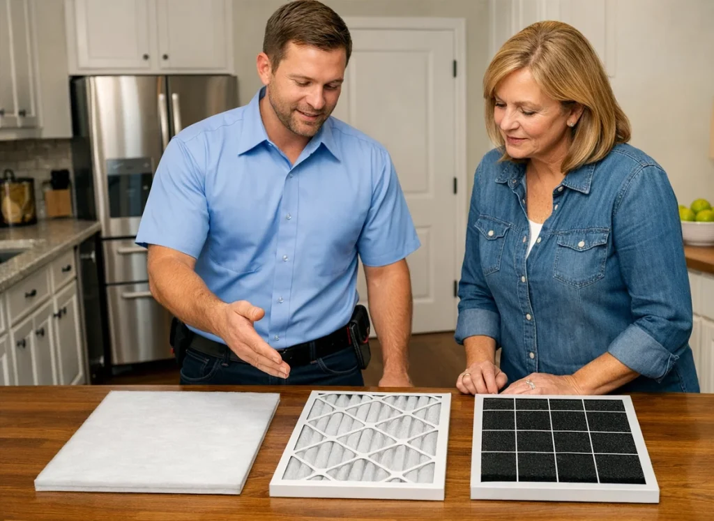 A HVAC tech and a homeowner discussing air filters in the kitchen.