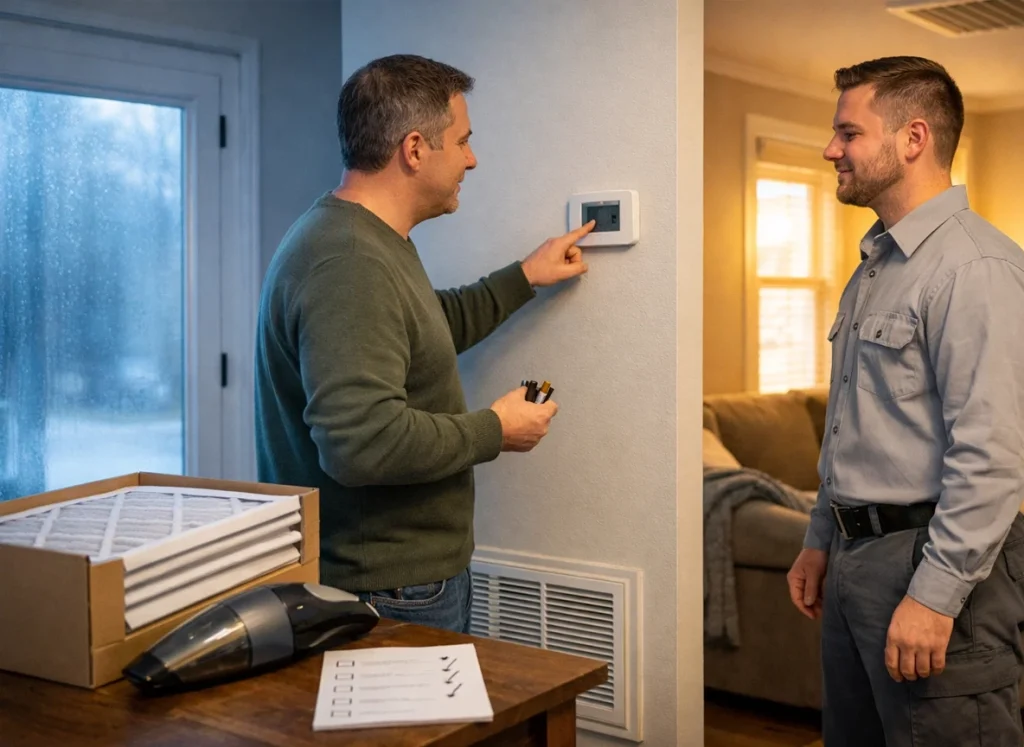 Homeowner and HVAC technician performing a late winter comfort check with thermostat batteries filter and vents in Sandersville GA