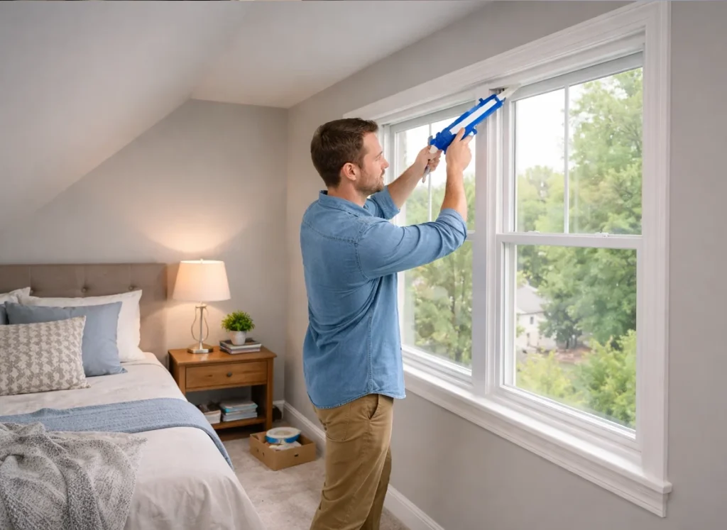 A homeowner seal his bedroom windows to stop drafts