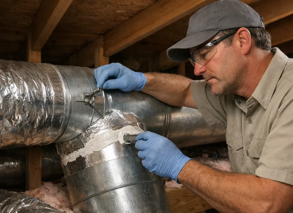 HVAC technician sealing ducts and adjusting dampers to fix uneven heating in Swainsboro GA