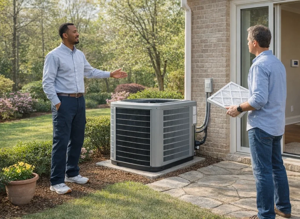 Conyers homeowner reviewing spring heat pump preparation with technician
