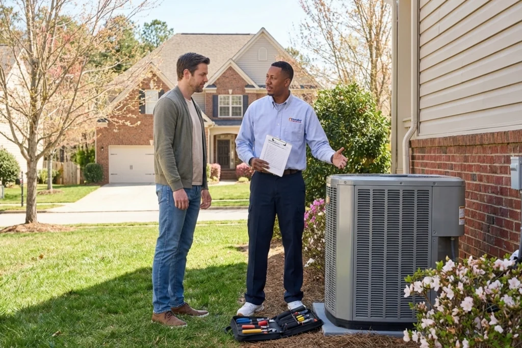 Conyers homeowner meeting HVAC technician for early spring AC maintenance