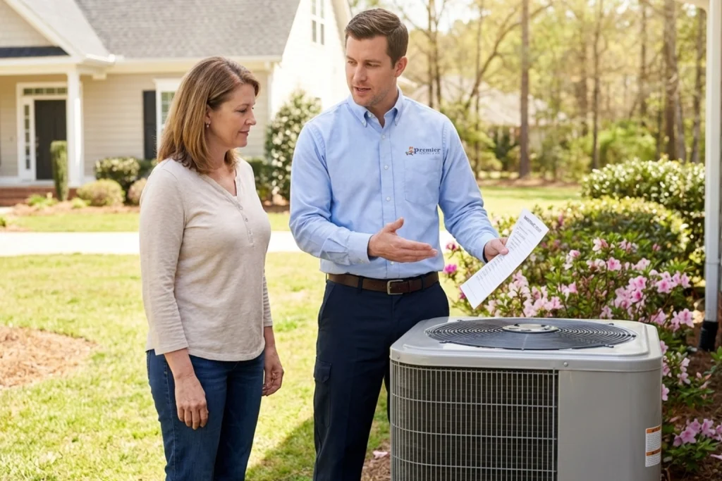 Dublin homeowner meeting HVAC technician for spring AC preparation