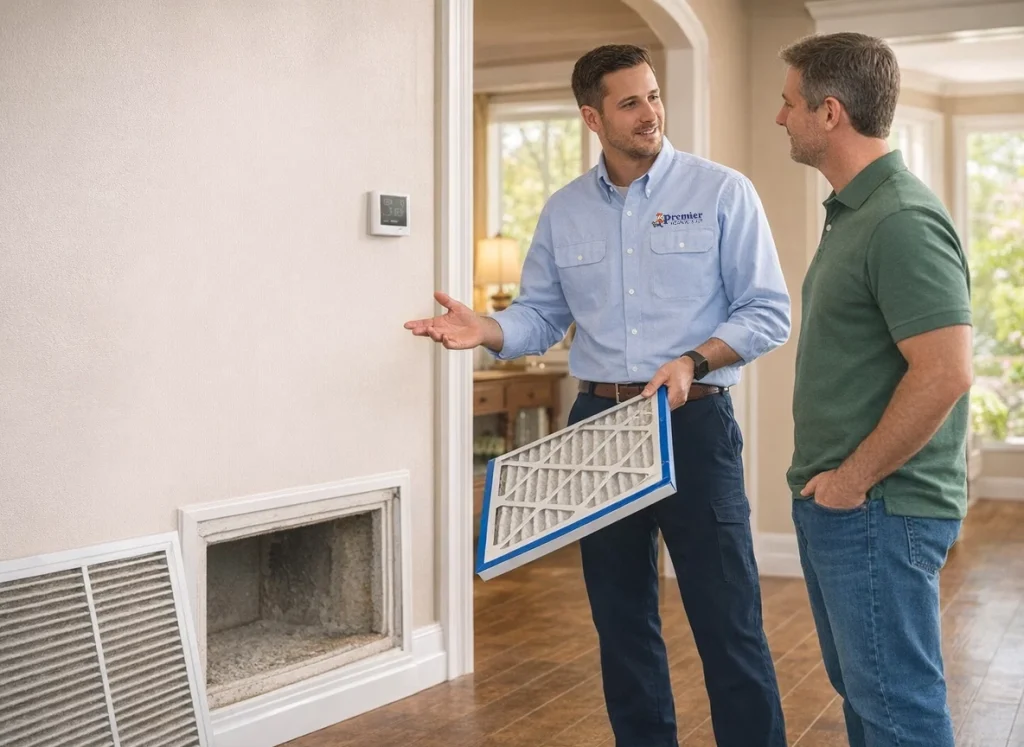 A premier pro HVAC technician discussing air filters with a homeowner.