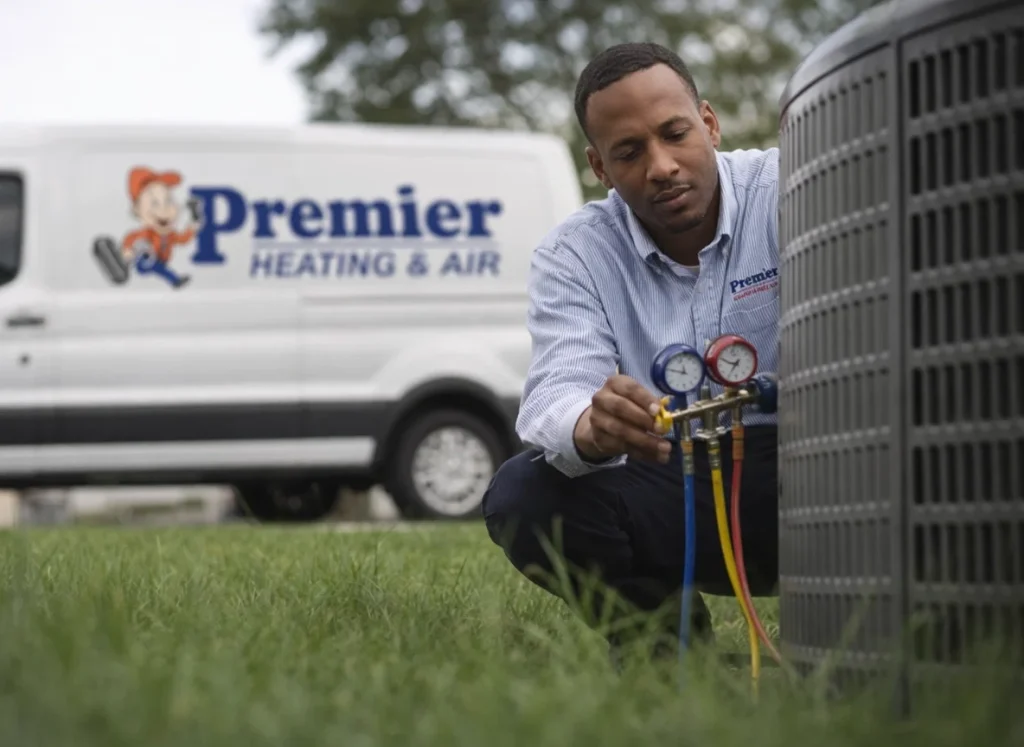 A Premier HVAC tech checking the refrigerant levels in an AC condenser unit.