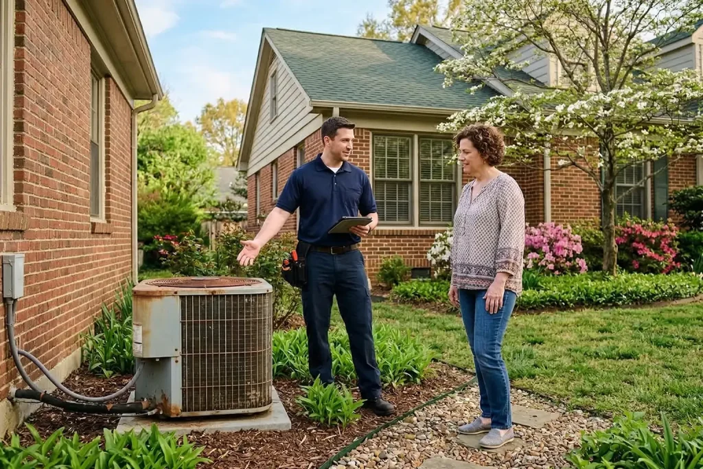 Memphis homeowner meeting HVAC technician about spring AC replacement