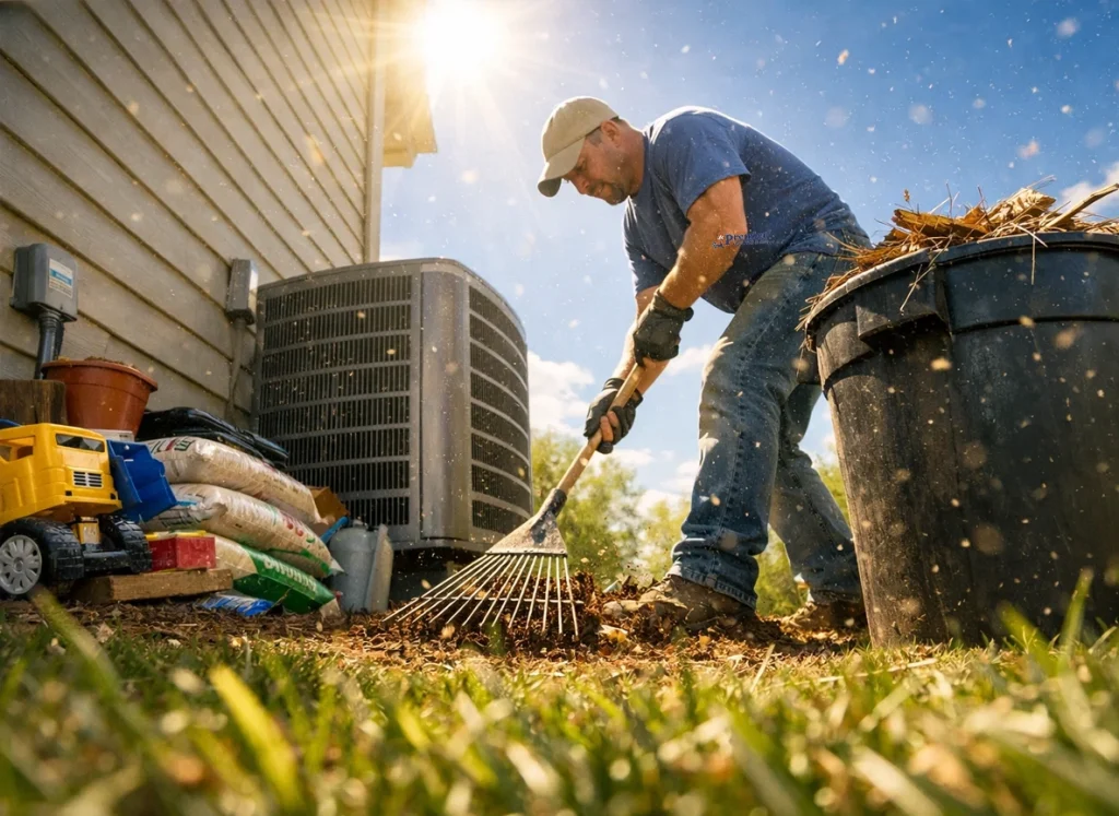 An image of a homeowner cleaning around his heat pump in the earliest spring in Maysville Georgia.