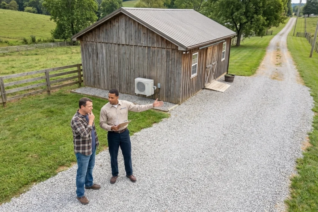 Maysville property owner discussing HVAC options for hobby farm outbuilding