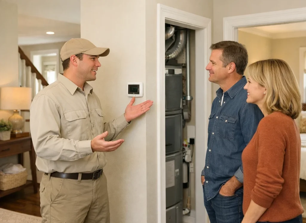 Nashville homeowners reviewing March AC tune-up with HVAC technician