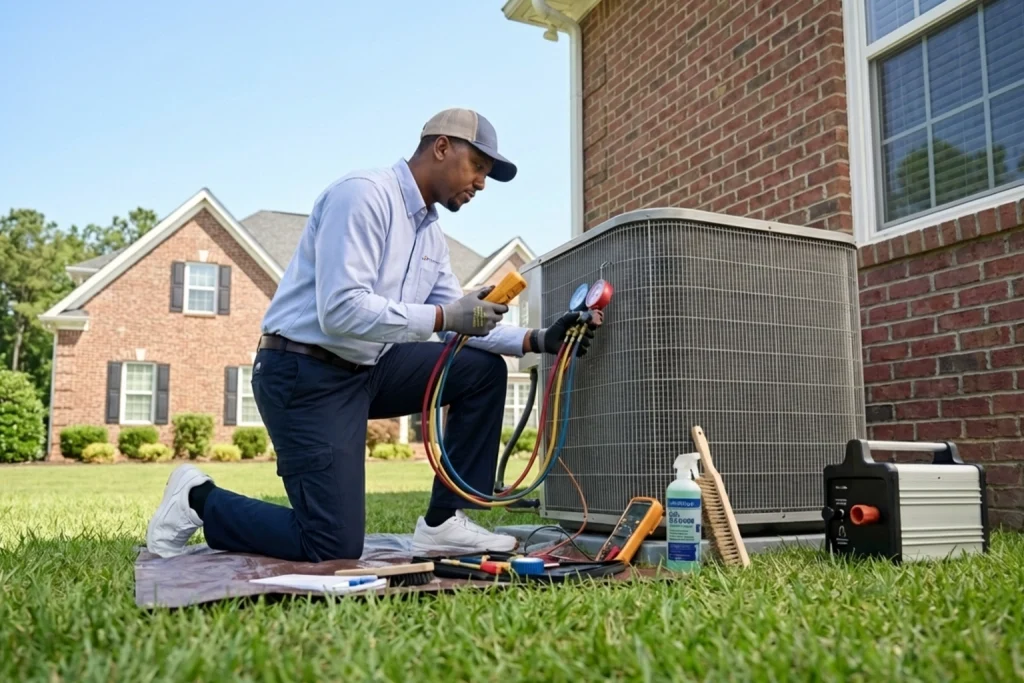 HVAC technician performing preventive AC maintenance in Warner Robins home