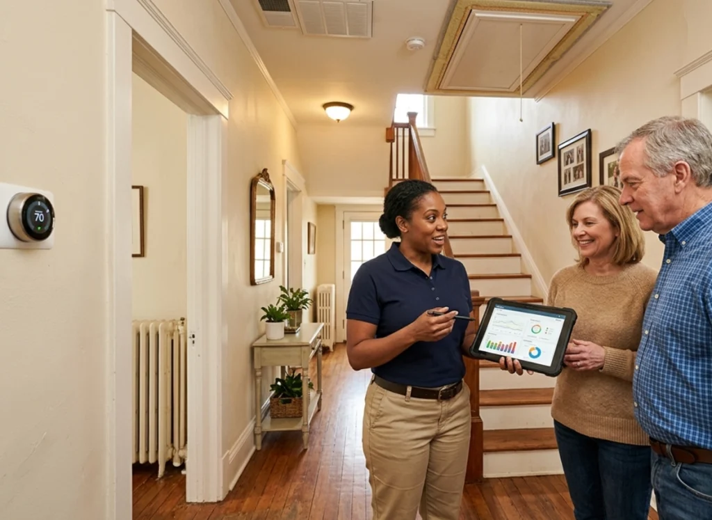 A homeowner couple stands with a professional home performance technician reviewing an energy audit