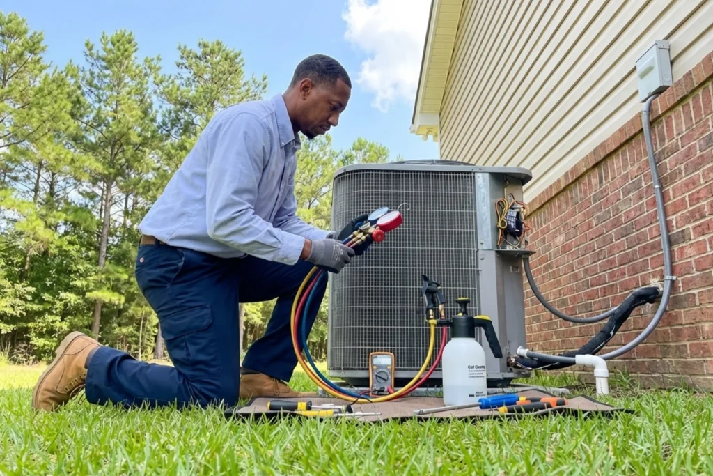 HVAC technician performing preventive AC maintenance in Sandersville home