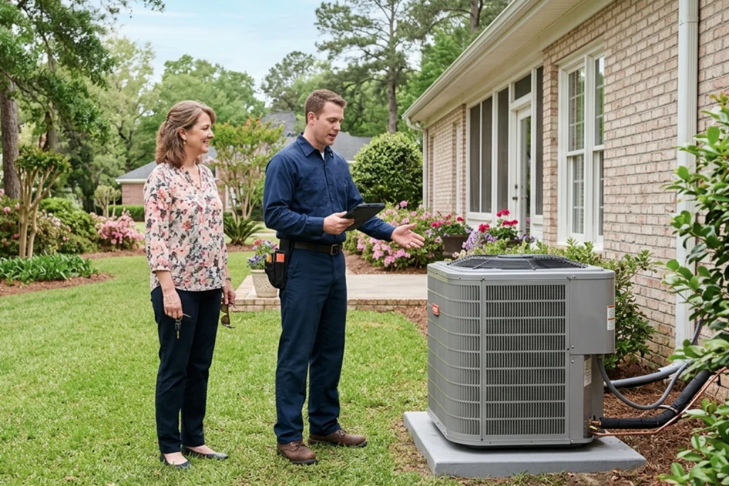 Swainsboro homeowner meeting HVAC technician for spring AC maintenance