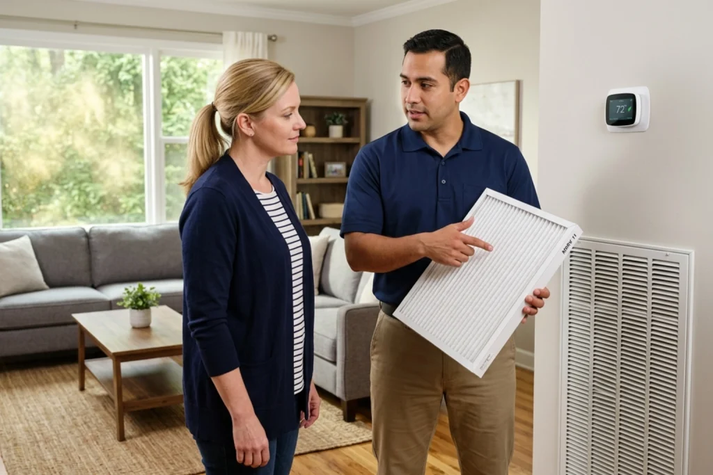 Homeowner discussing spring pollen and air filter performance