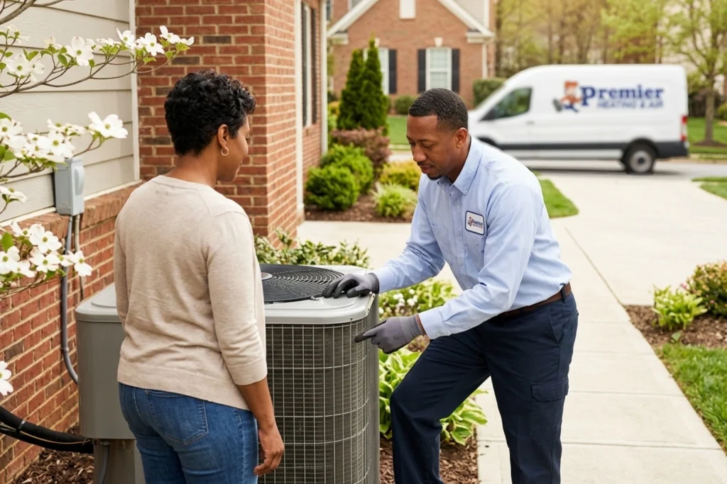 Homeowner discussing AC readiness with technician in Conyers