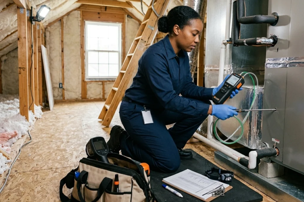 Energy auditor inspecting insulation air leaks and ductwork