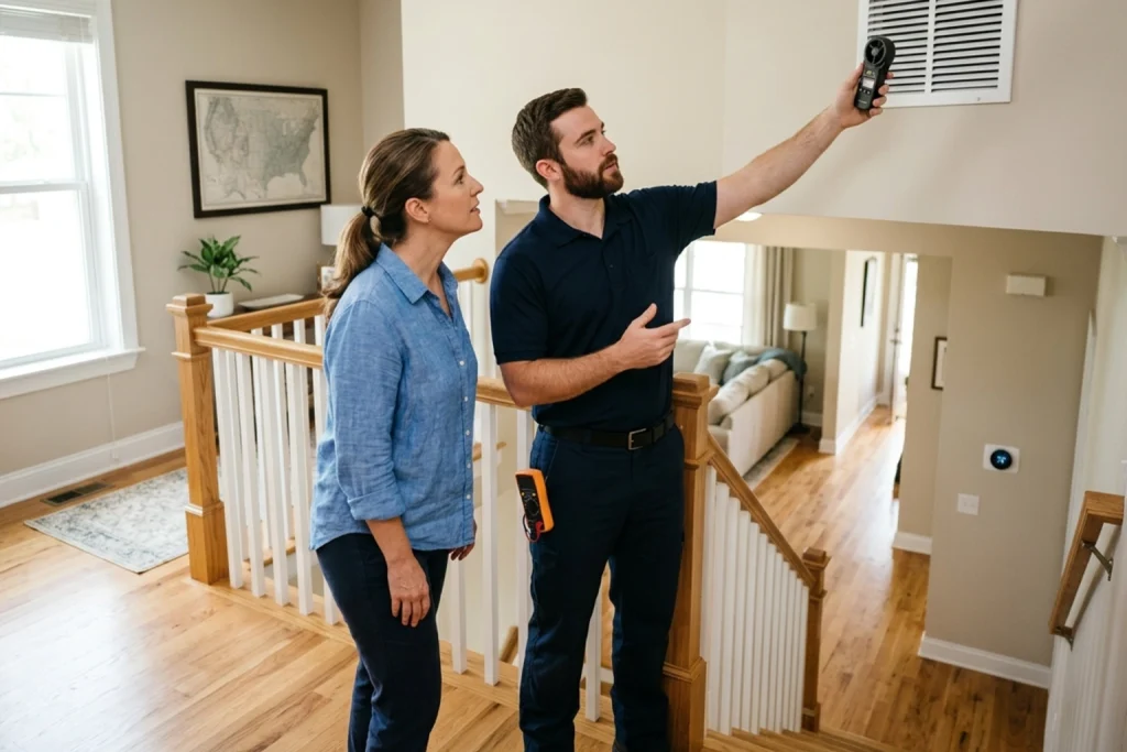 Homeowner and HVAC technician diagnosing hot upstairs airflow issue