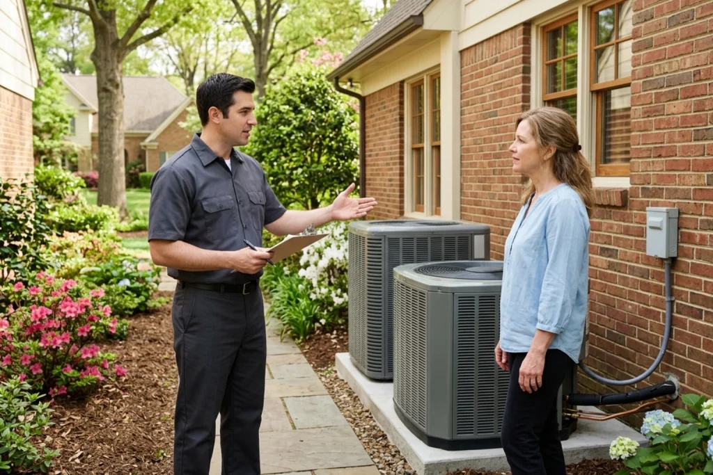 Homeowner comparing AC installation options with technician in Memphis