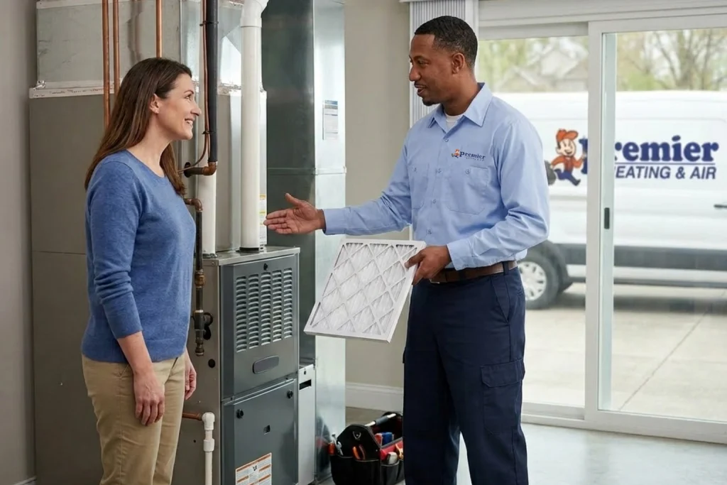 Homeowner reviewing spring heating check with technician