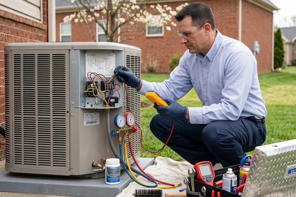 HVAC technician performing spring AC tune-up in Nashville