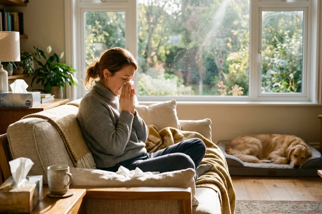A woman sitting on her couch with allergies behind her nose.