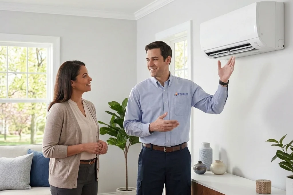Homeowner learning about ductless mini-split comfort in Warner Robins