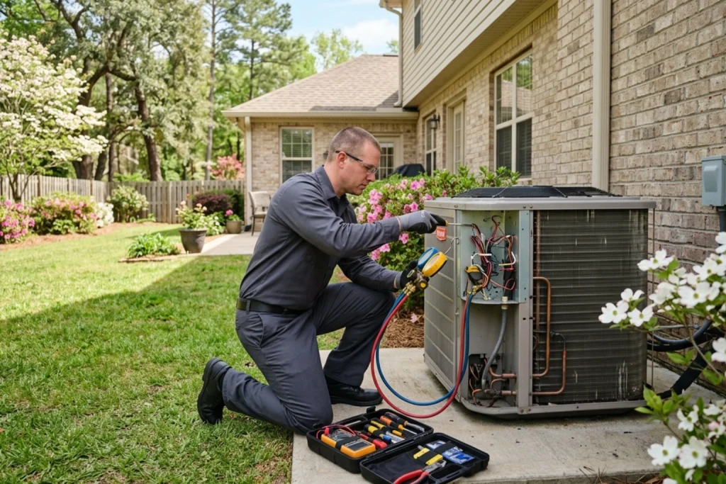 HVAC technician performing spring heat pump maintenance in Swainsboro home