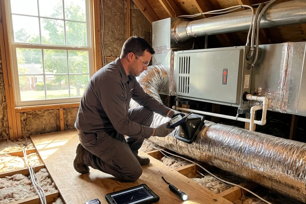 HVAC technician evaluating ductwork for heat pump or AC installation