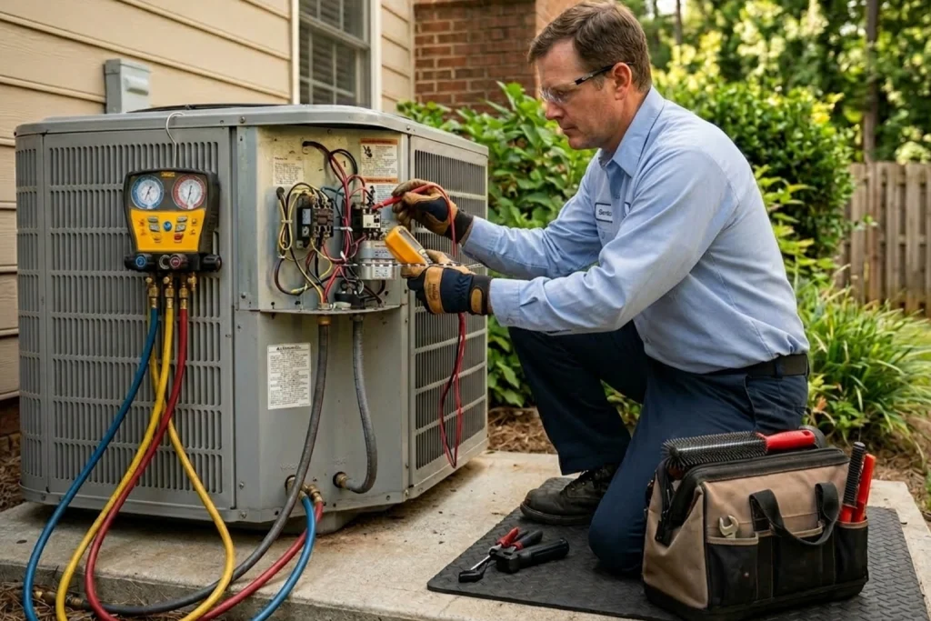 HVAC technician performing detailed pre-summer AC tune-up
