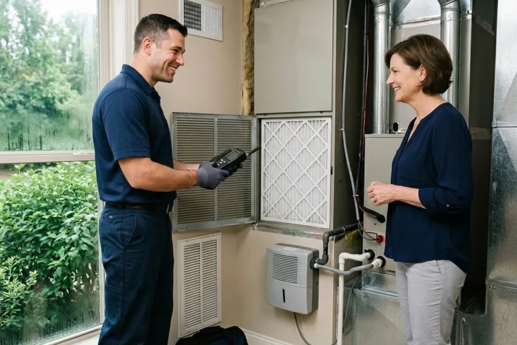 Technician checking indoor humidity in Memphis home